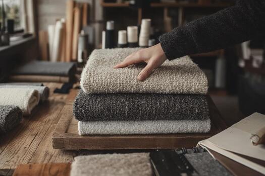 Exploring boucle fabric in a cozy workshop with neatly stacked textiles and natural textures photo