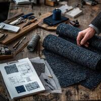 Crafting with boucle fabric at a design studio filled with tools and sketches in a creative workspace photo