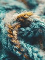 Explore the vivid texture and intricate details of boucle fabric in a vibrant blue and gold color combination photo