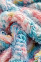 Colorful boucle fabric texture with soft fibers showcasing intricate patterns and vibrant hues photo