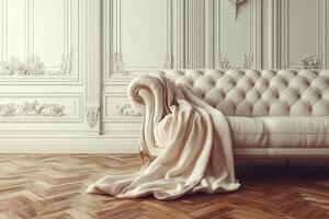 A white couch in front of a wall with a wooden floor photo