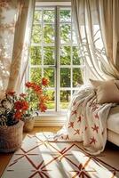 Cozy living room with a view of nature through a large window adorned with flowing curtains and seasonal decor photo