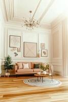 moderno vivo habitación presentando elegante decoración y natural ligero en un acogedor hogar ajuste con calentar de madera piso foto