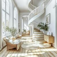 Elegant spiral staircase in a bright, airy home with natural light and stylish decor photo