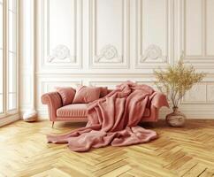 Cozy living room with a pink sofa and decorative elements arranged in a stylish interior space photo