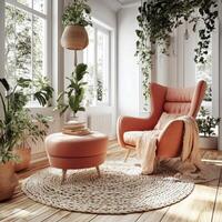 Cozy and inviting reading nook with a stylish chair and lush greenery in a sunlit room photo