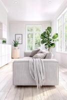 Stylish modern living room with large windows and natural light enhancing the cozy atmosphere and greenery decor photo