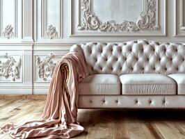 Elegant white tufted sofa with a cozy blanket draped on it in a lavishly decorated room with ornate walls photo