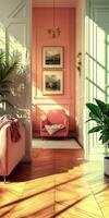 Cozy interior design with pastel colors and natural light in a charming living space photo