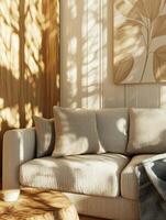 Cozy living room with soft sunlight casting shadows on a stylish sofa in a warm, inviting home setting photo
