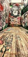 Street art alley showcasing vibrant graffiti and wooden flooring in an urban setting during daylight hours photo