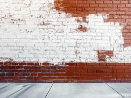 Rustic brick wall with peeling paint showcases layers of texture and color in an urban setting photo
