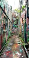 Vibrant alleyway adorned with colorful street art in an urban setting during daytime photo