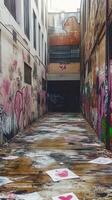 Brightly colored alleyway with vibrant graffiti and scattered art pieces in an urban setting during daylight photo