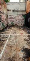 Urban art-filled outdoor space with graffiti on walls and worn court marked by white lines photo