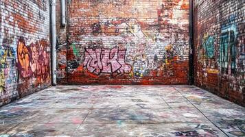 Urban alleyway filled with colorful graffiti in a deserted space during daylight hours photo