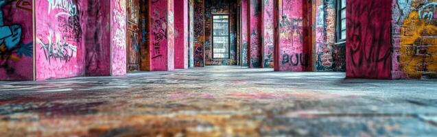 Vibrant graffiti-covered walls in an abandoned industrial building during daylight photo