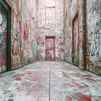 Urban alleyway adorned with vibrant graffiti and weathered brick walls in an abandoned space photo