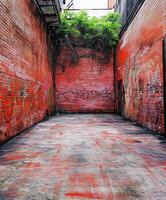 Artful alleyway with vibrant graffiti and greenery in a city setting during daylight photo