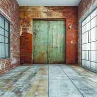 Rustic interior featuring a weathered green door and exposed brick walls in a stylish urban setting photo