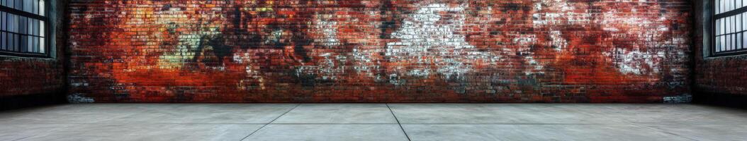 Urban industrial space with textured red brick wall and concrete floor perfect for events or creative projects photo