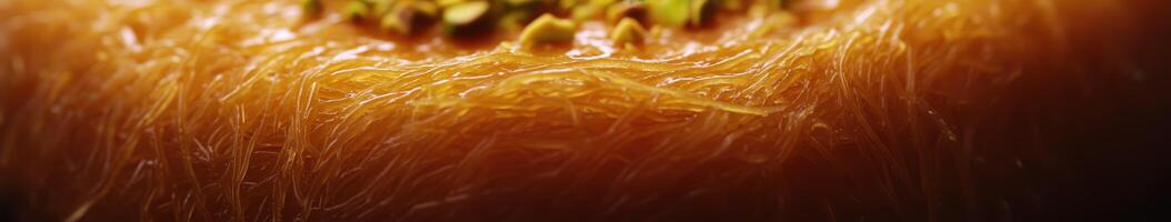 Delicious kunafa topped with crushed pistachios served warm at a bustling dessert shop photo