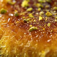 Rich kunafa dessert topped with crushed pistachios served on a decorative plate at a Middle Eastern restaurant photo