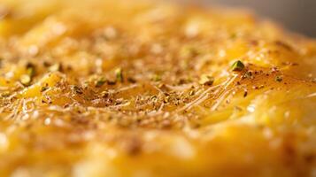 Delicate kunafa topped with nutty pistachios and sweet syrup served warm for a delightful dessert experience photo
