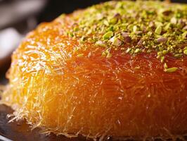 Delicious kunafa topped with crushed pistachios served on a wooden platter in a cozy cafe setting photo