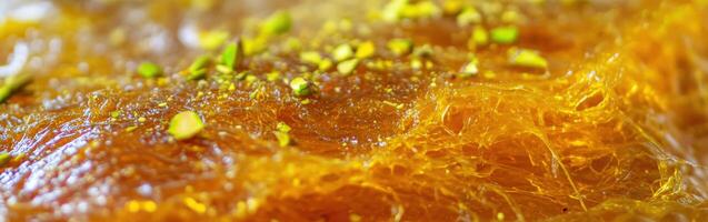 Delicious kunafa topped with crushed pistachios in a close-up view showcasing its golden, flaky texture photo