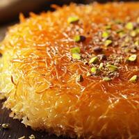Delicious kunafa topped with crushed pistachios and spices served on a wooden board photo