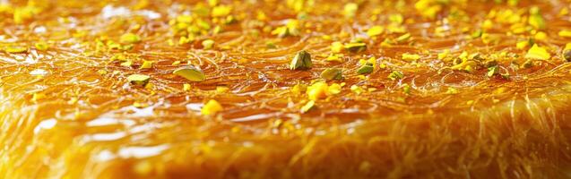 Delicious kunafa topped with pistachios served fresh at a local dessert shop in the evening photo
