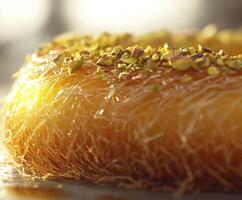 Kunafa showcasing golden layers and crushed pistachios in a vibrant setting at a dessert stall during the evening photo