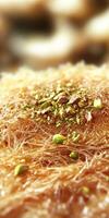Delicious kunafa topped with crushed pistachios served on a traditional platter in a vibrant eatery photo