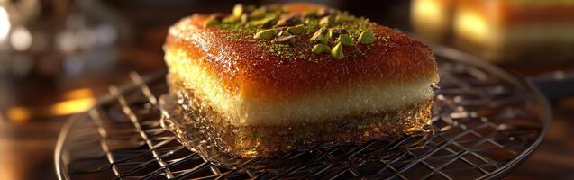 Delicious kunafa topped with nuts, served on a decorative plate in a cozy dessert cafe during evening hours photo