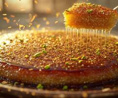 Delicious kunafa with golden syrup and pistachios served in a warm atmosphere photo