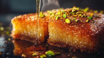 Delicately crafted kunafa drizzled with syrup and topped with crushed pistachios, a tempting dessert experience photo