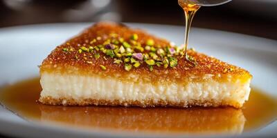 Kunafa dessert drizzled with syrup and topped with pistachios in a cozy dining setting photo
