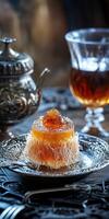 Delight in the rich flavors of kunafa served with aromatic tea in a traditional setting photo