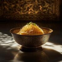 Delicious kunafa served in an ornate bowl surrounded by intricate patterns photo