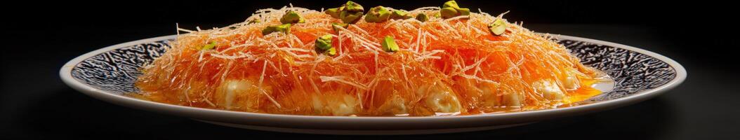 Delicious kunafa dessert topped with pistachios, served on a decorative plate photo