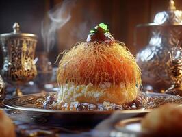 Delicious kunafa topped with syrup and nuts served on an elegant plate during an evening gathering photo