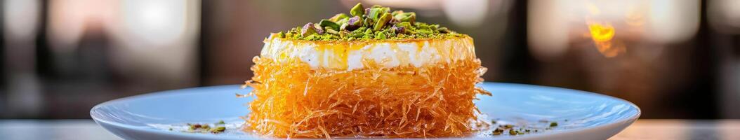 Delicious kunafa dessert topped with pistachios served on a white plate in a cozy cafe setting photo