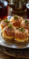 Enjoying kunafa topped with crushed pistachios at a lively gathering in a cozy cafe during the evening photo