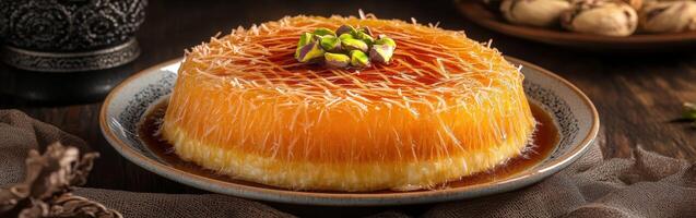 Delicate kunafa served on a traditional plate garnished with pistachios and syrup photo