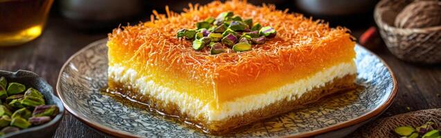 Delicious Kunafa served on a decorative plate with pistachio topping, perfect for dessert lovers photo