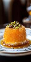 Savoring kunafa topped with pistachios at a cozy dessert cafe on a warm afternoon photo