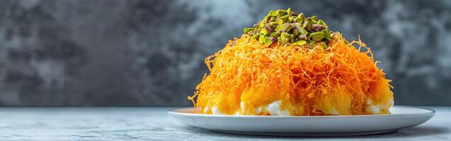 Delicious kunafa topped with pistachios and sweet syrup served on a plate photo