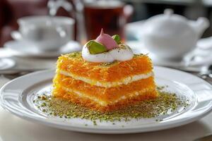 Delicious kunafa dessert served on a plate, garnished with nuts and cream, enjoyed at a cozy cafe photo