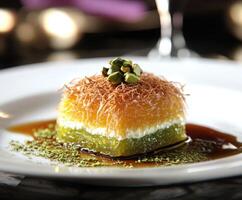 Delicious kunafa dessert topped with pistachios served on a plate in an elegant dining setting photo